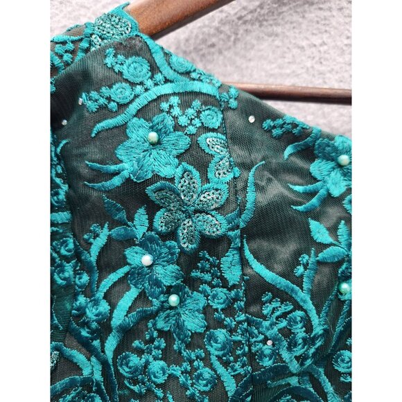 Teal Floral Embroidered Blouse & Skirt Set  Elegant Womens Outfit - Picture 4 of 7